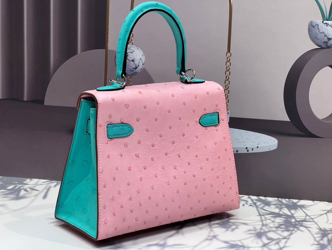 KELLY BAG 20 IN FLAMINGO PINK MIX CYAN BLUE OSTRICH LEATHER WITH SILVER HARDWARE