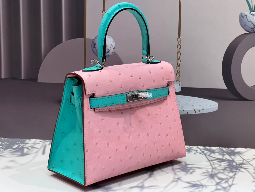 KELLY BAG 20 IN FLAMINGO PINK MIX CYAN BLUE OSTRICH LEATHER WITH SILVER HARDWARE