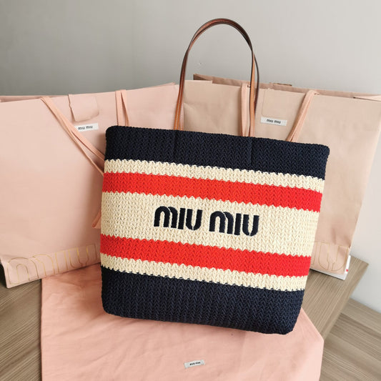 TOTE BAG 40 IN STRIPED PATTERN OF NAVY BLUE RED AND CREAM WHITE WOVEN RAFFIA