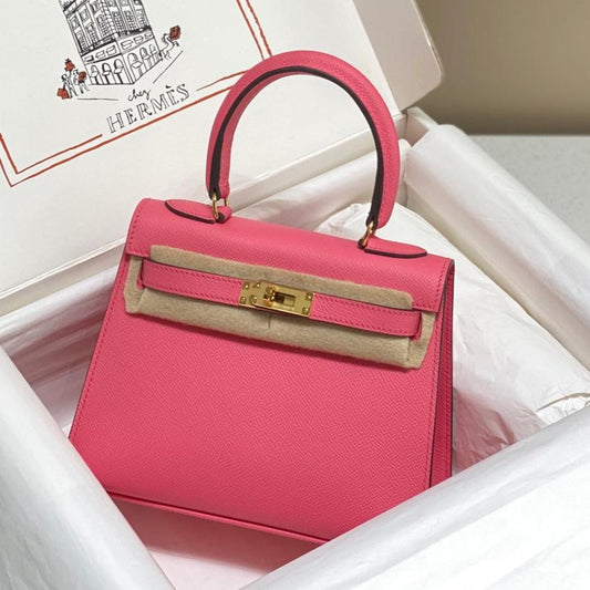 KELLY MINI 20 BAG IN WATERMELON PINK CALFSKIN WITH GOLD HARDWARE