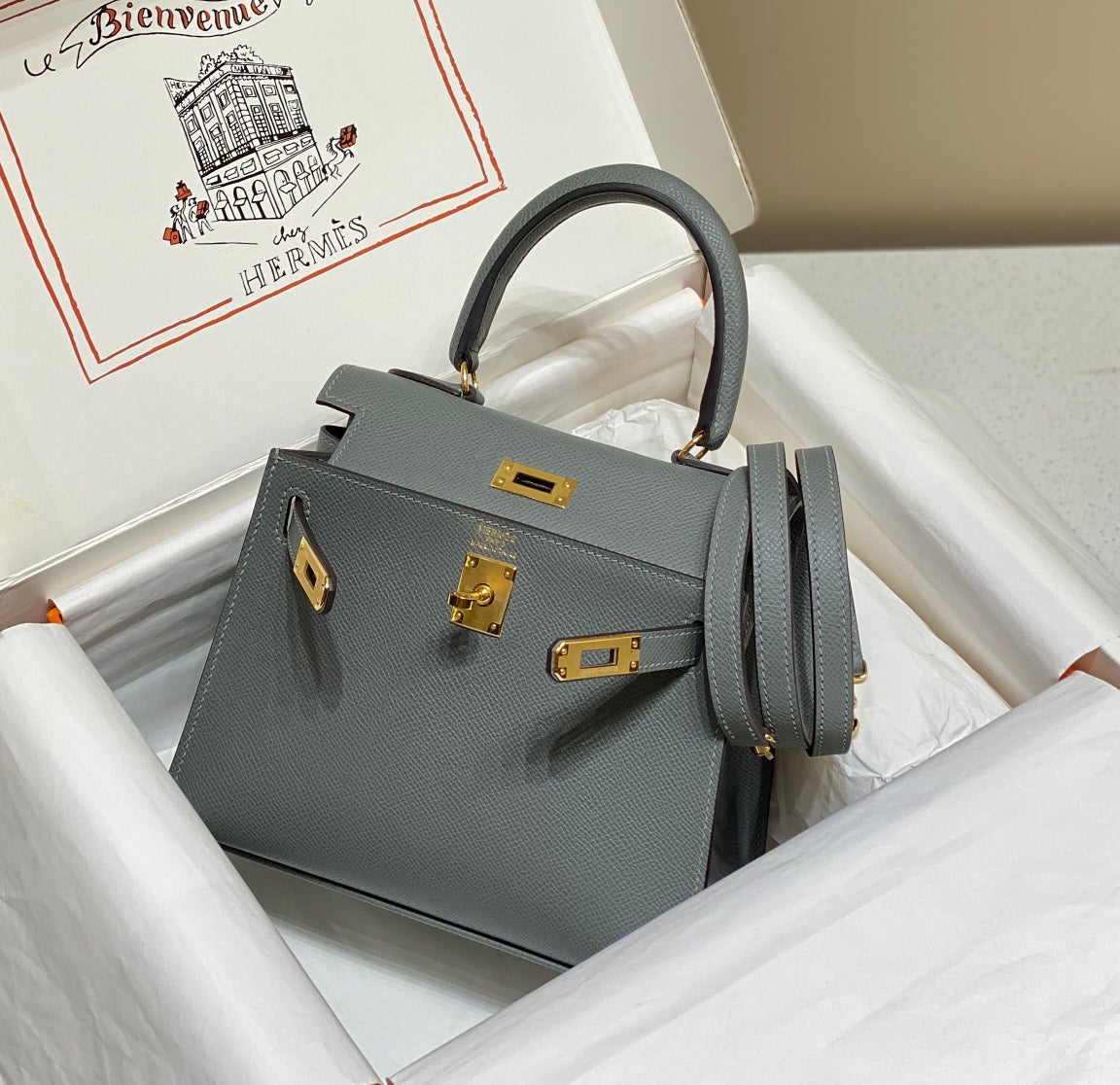KELLY MINI 20 BAG IN SHARK GRAY CALFSKIN WITH GOLD HARDWARE