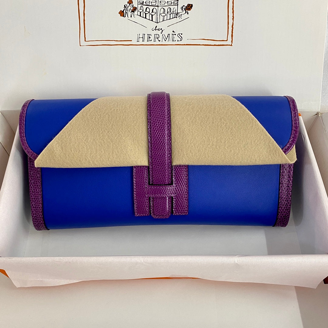 JIGE ELAN 29 CLUTCH IN COBALT BLUE CALFSKIN WITH VIOLET PURPLE LIZARD SKIN