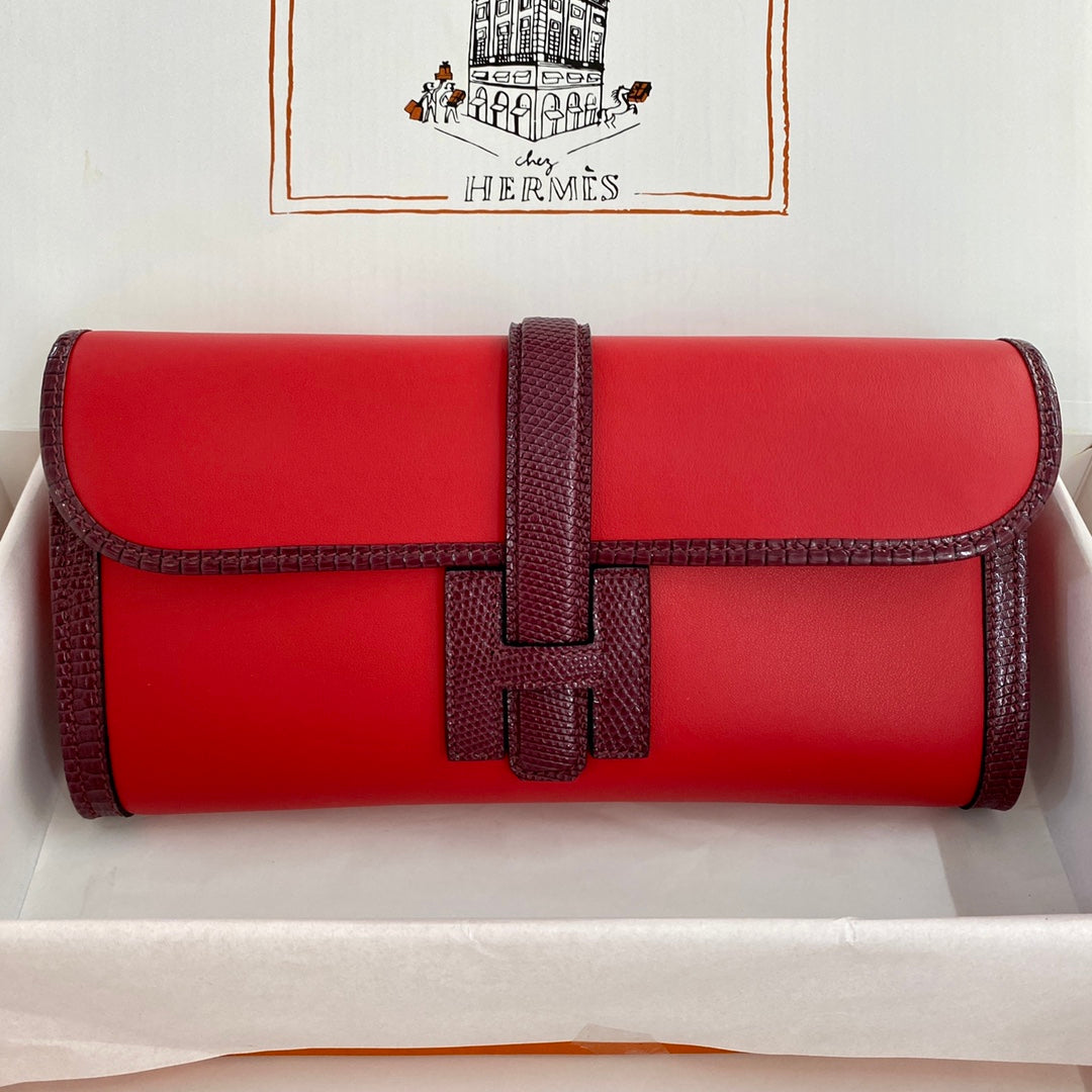 JIGE ELAN 29 CLUTCH IN CANDY RED CALFSKIN WITH WINE RED LIZARD SKIN