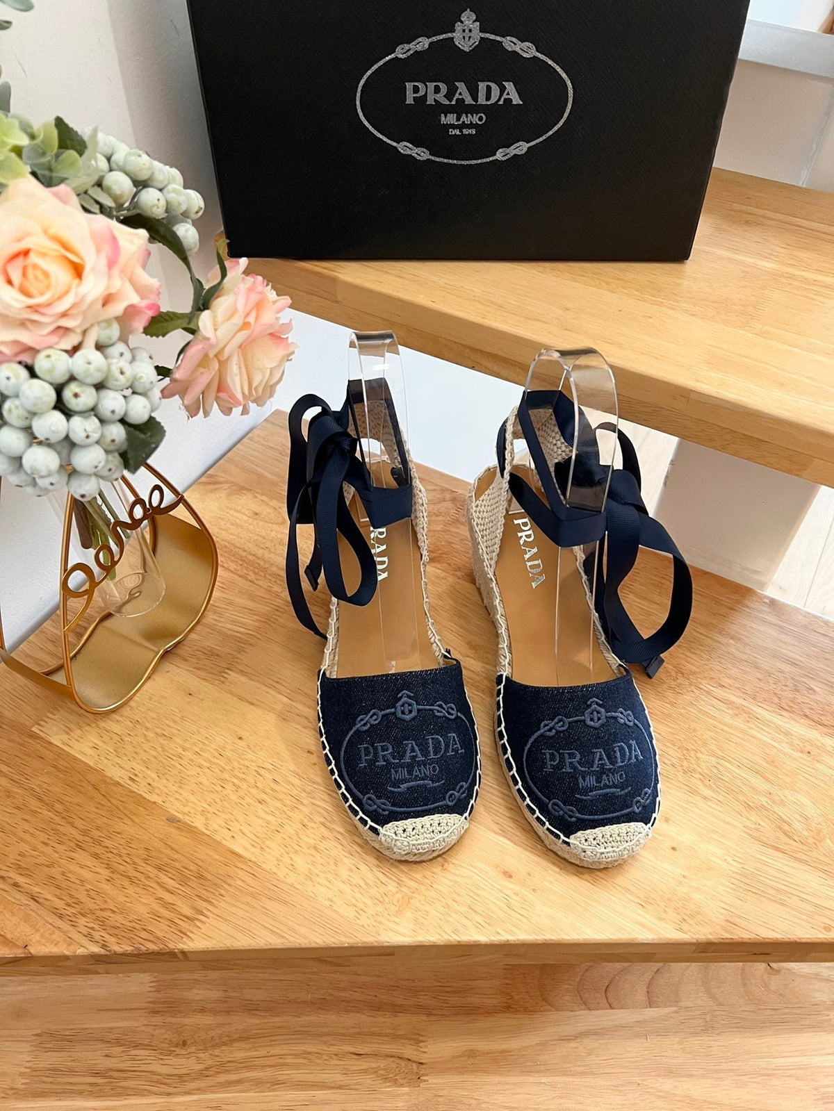 PRADA 26S ESPADRILLE HIGH HEEL SANDALS IN NAVY DENIM WITH LOGO