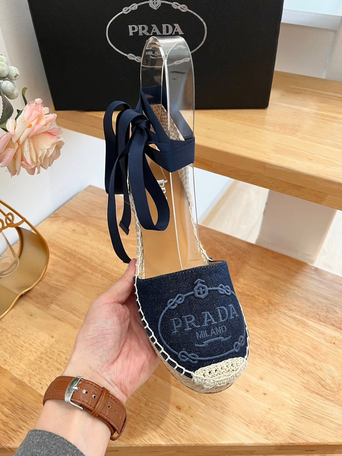 PRADA 26S ESPADRILLE HIGH HEEL SANDALS IN NAVY DENIM WITH LOGO