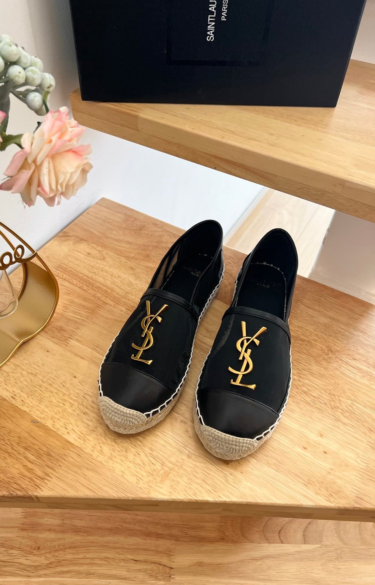 SL YVES LOGO SLIP ON BLACK CALFSKIN AND MESH