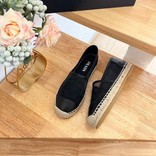 PRADA 26S EMBROIDERED LOGO ESPADRILLE FLATS IN BLACK MESH AND CALFSKIN