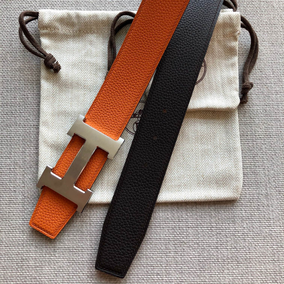 HM BELT BUCKLE & REVERSIBLE BLACK AND ORANGE LEATHER STRAP 38MM SILVER HARDWARE mysite