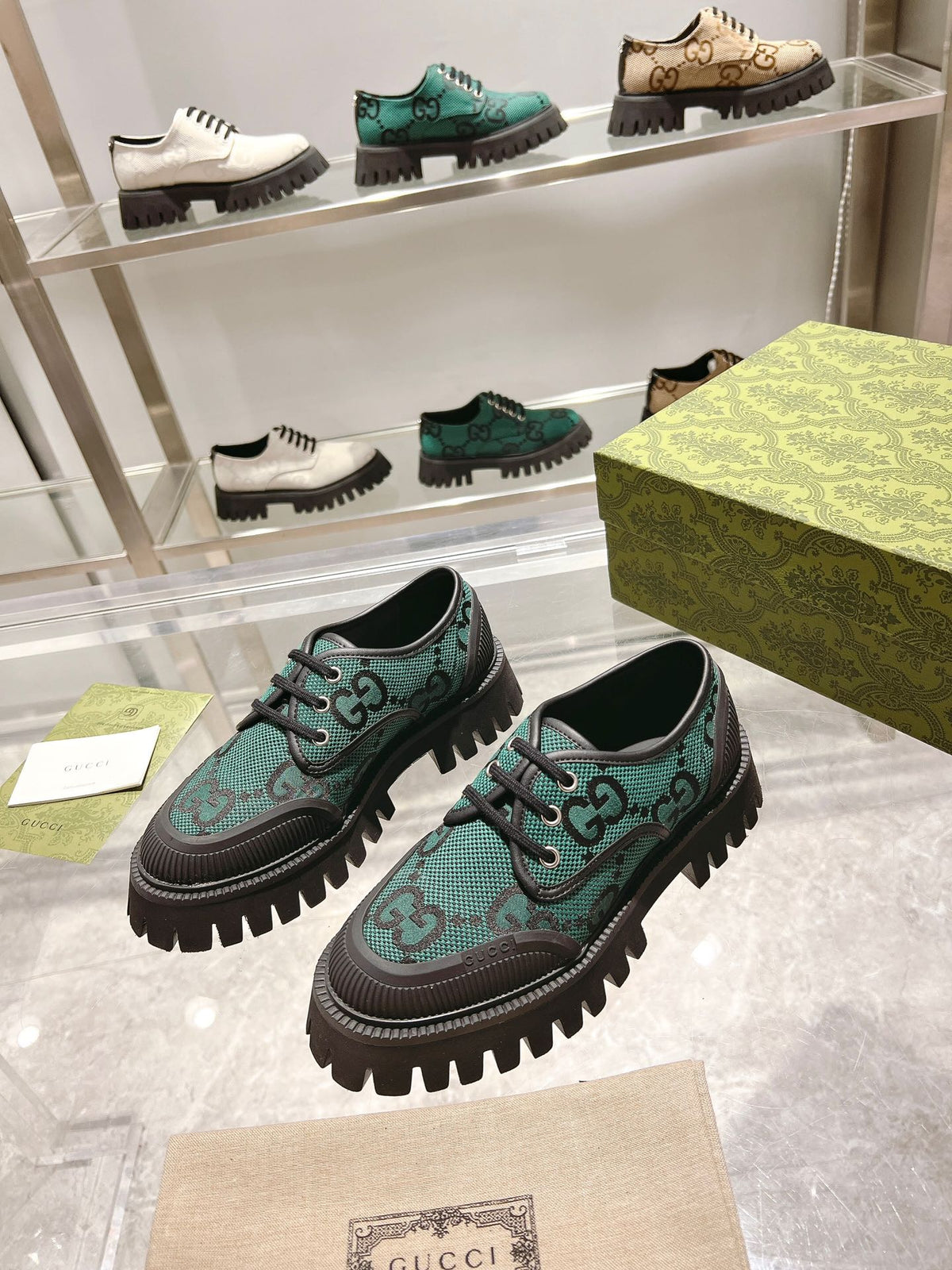 GUCCI 26S LACE-UP SHOES IN DARK GREEN GG CANVAS