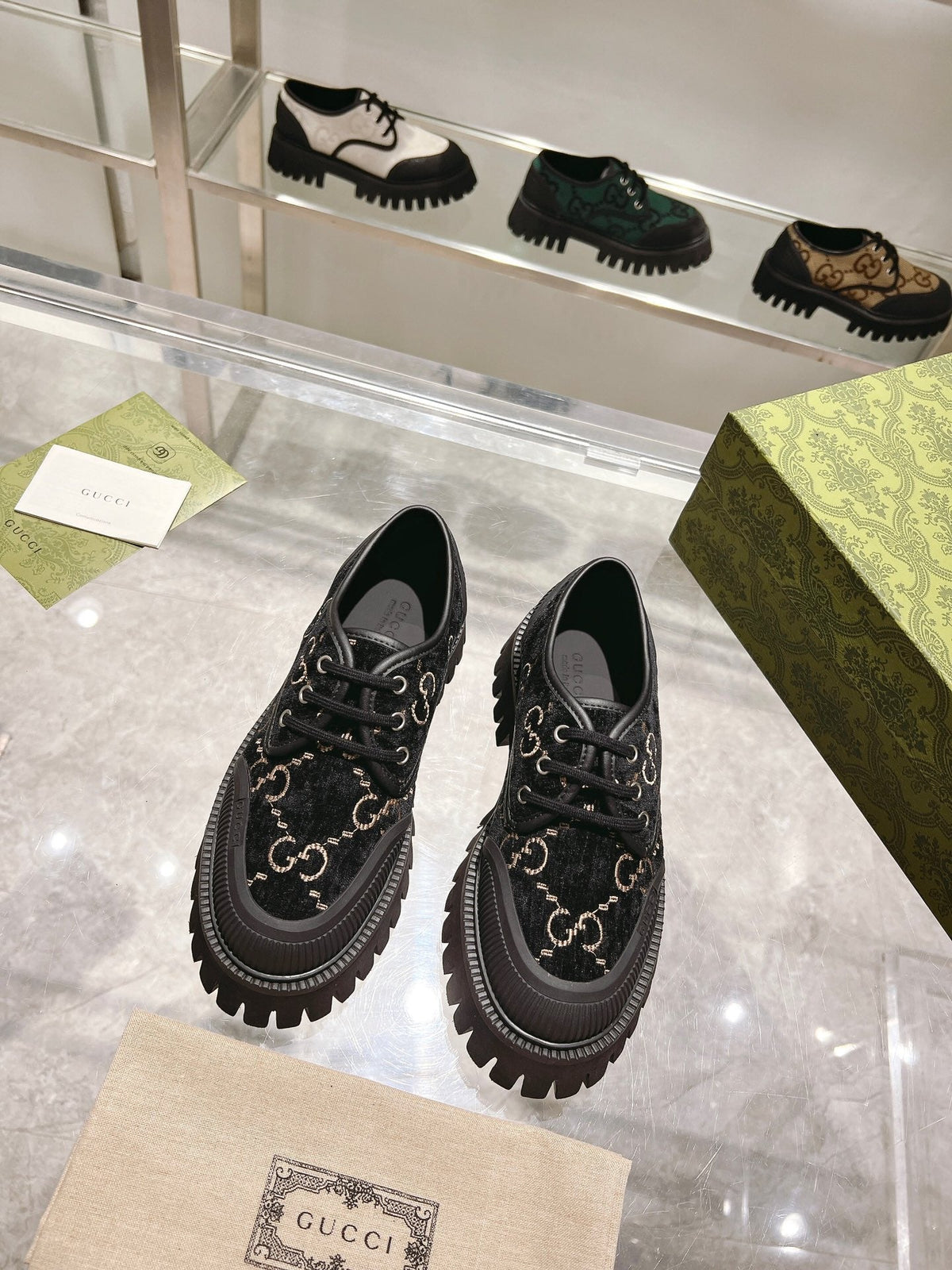 GUCCI 26S LACE-UP SHOES IN BLACK VELVET WITH GG LOGO PATTERN