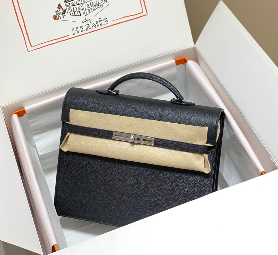 KELLY DEPECHES 34 BRIEFCASE IN BLACK TOGO CALFSKIN SILVER HARDWARE
