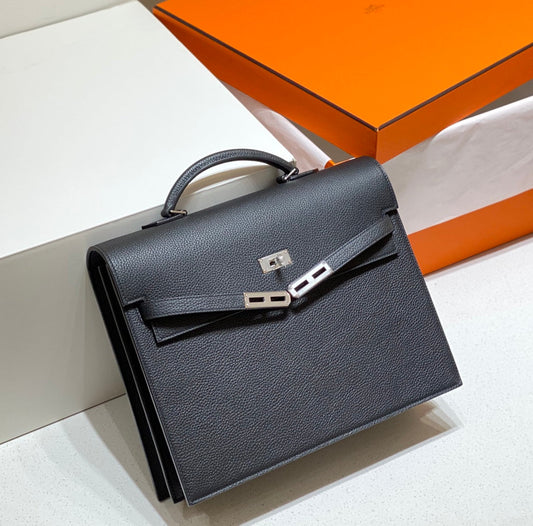 KELLY DEPECHES 34 BRIEFCASE IN BLACK TOGO CALFSKIN SILVER HARDWARE