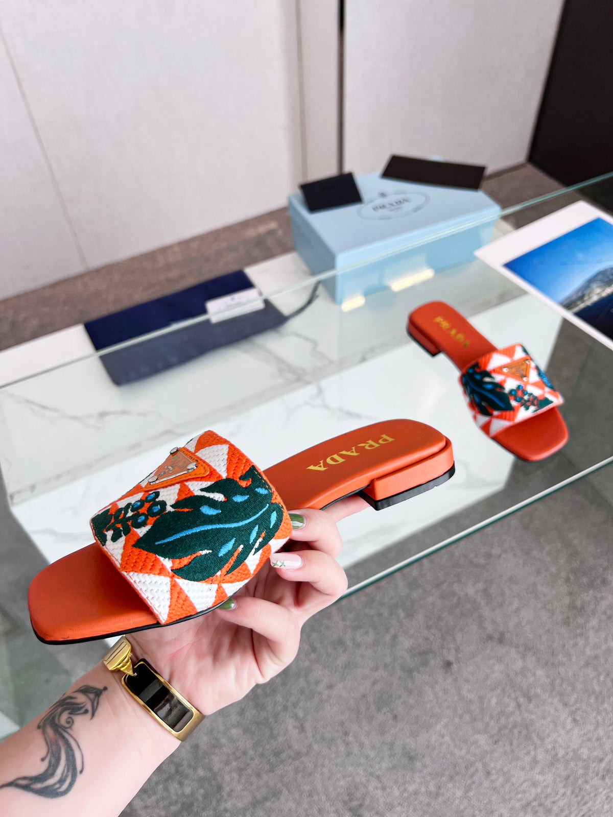 PRA EMBROIDERED SLIDES FLAT ORANGE FABRIC