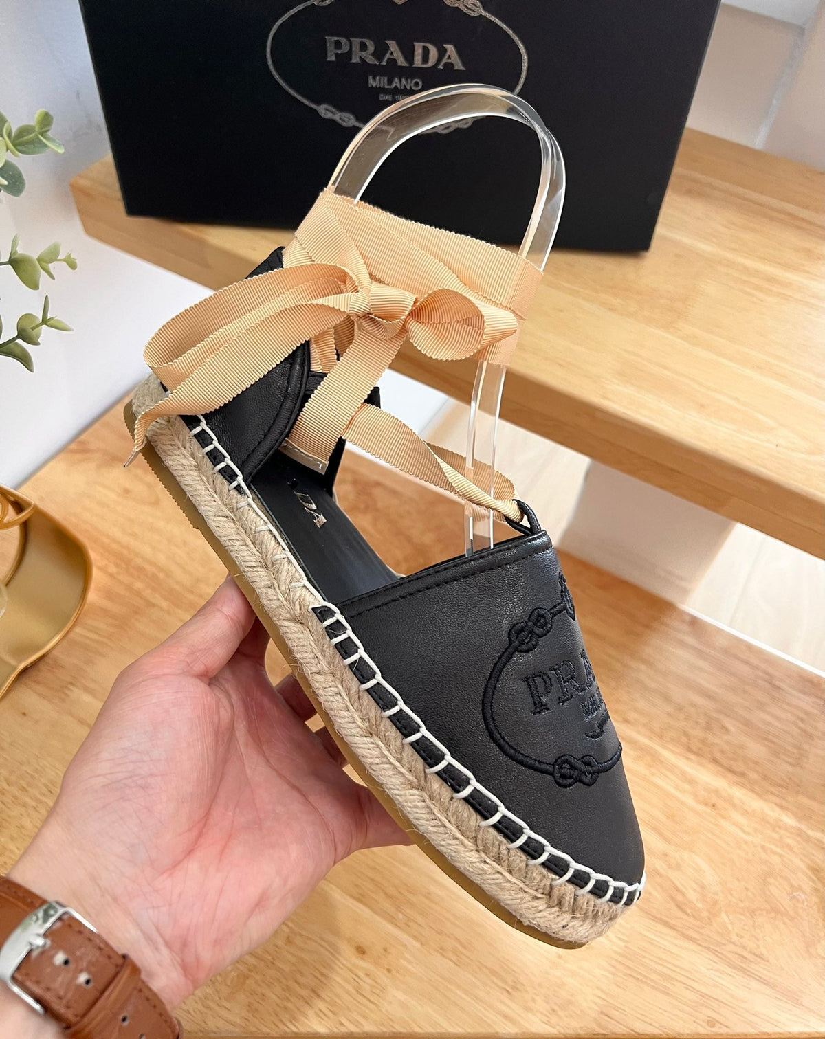 PRADA 26S LACE UP ESPADRILLE FLATS IN BLACK CALFSKIN