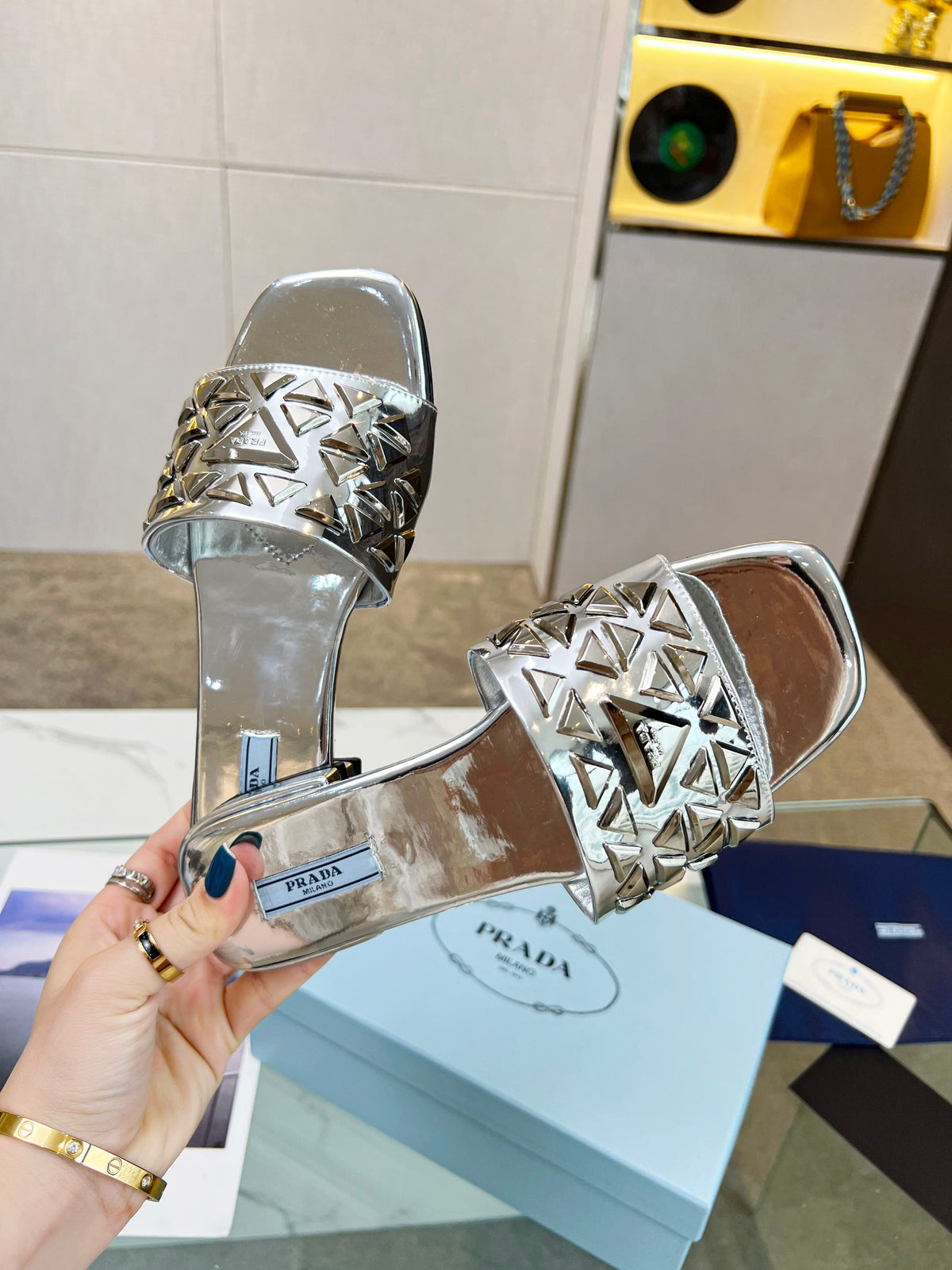 PRA EMBROIDERED SLIDES FLAT SILVER CALFSKIN