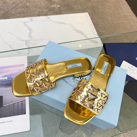PRA EMBROIDERED SLIDES FLAT METALLIC GOLD CALFSKIN