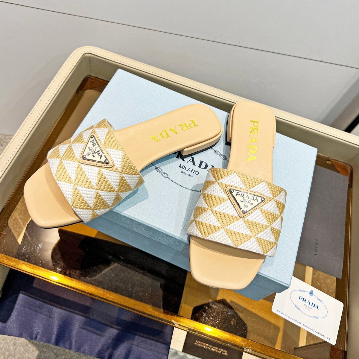 PRA EMBROIDERED SLIDES FLAT BEIGE FABRIC