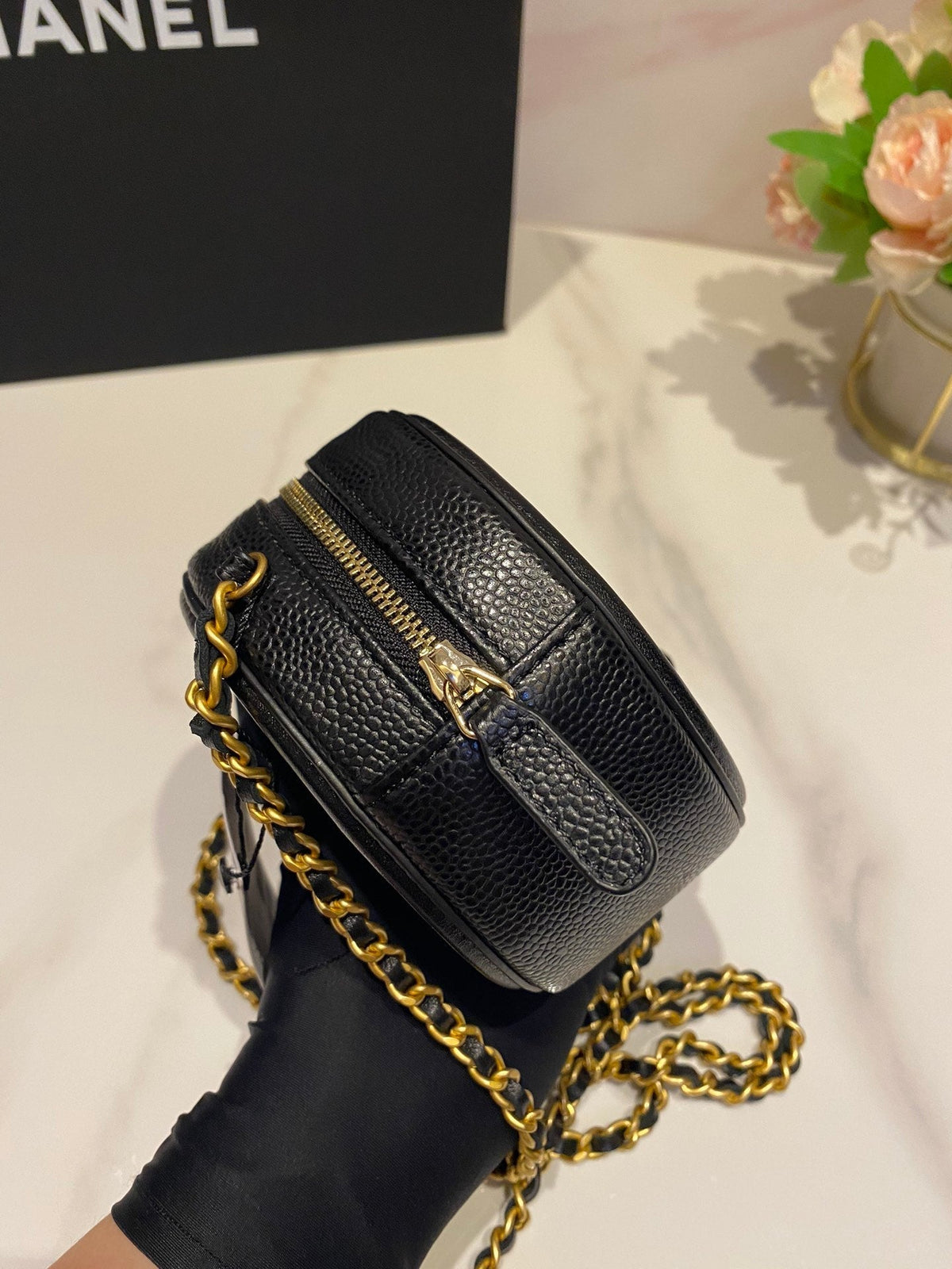 CC MINI 12 ROUND CHAIN BAG IN BLACK CALFSKIN GOLD HARDWARE