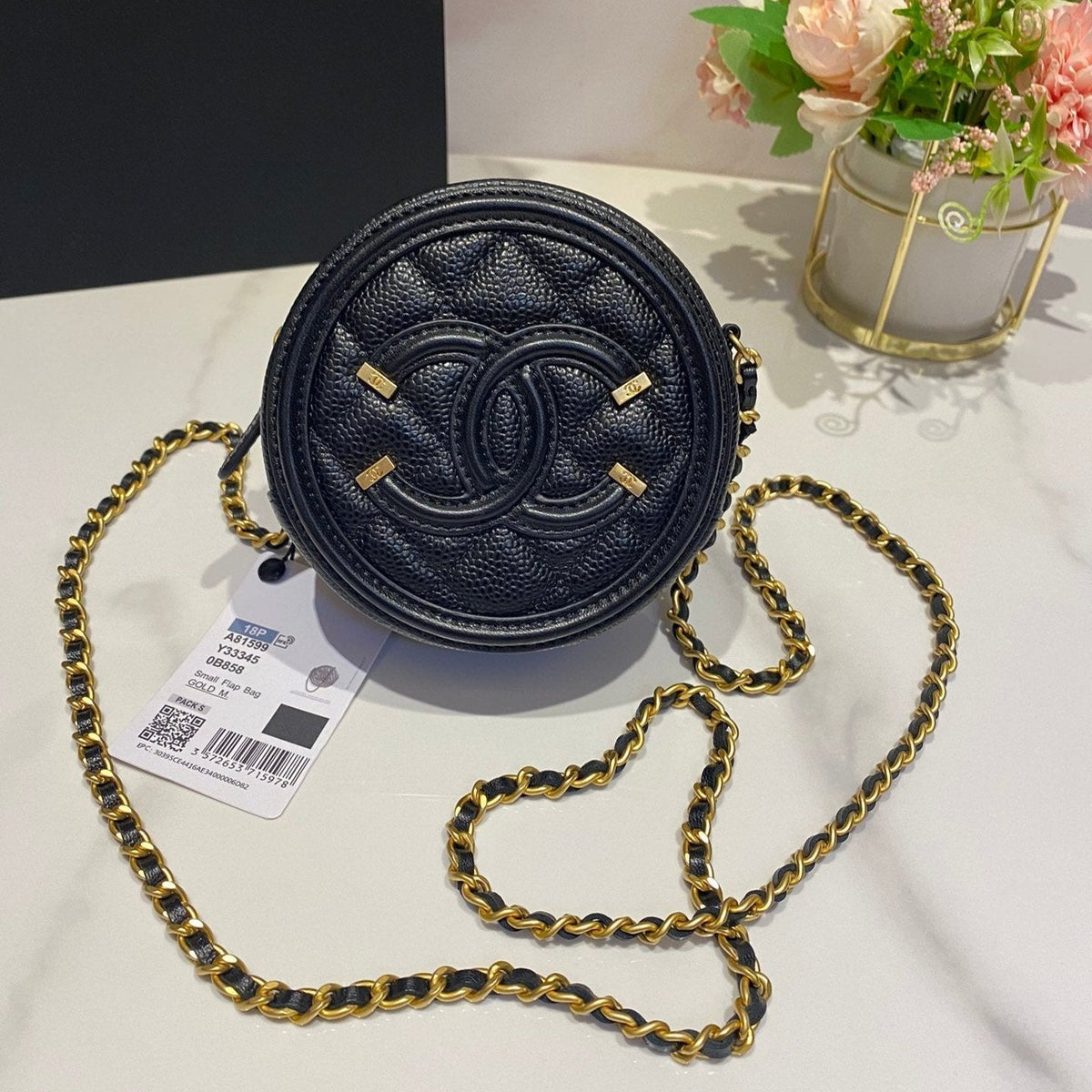 CC MINI 12 ROUND CHAIN BAG IN BLACK CALFSKIN GOLD HARDWARE
