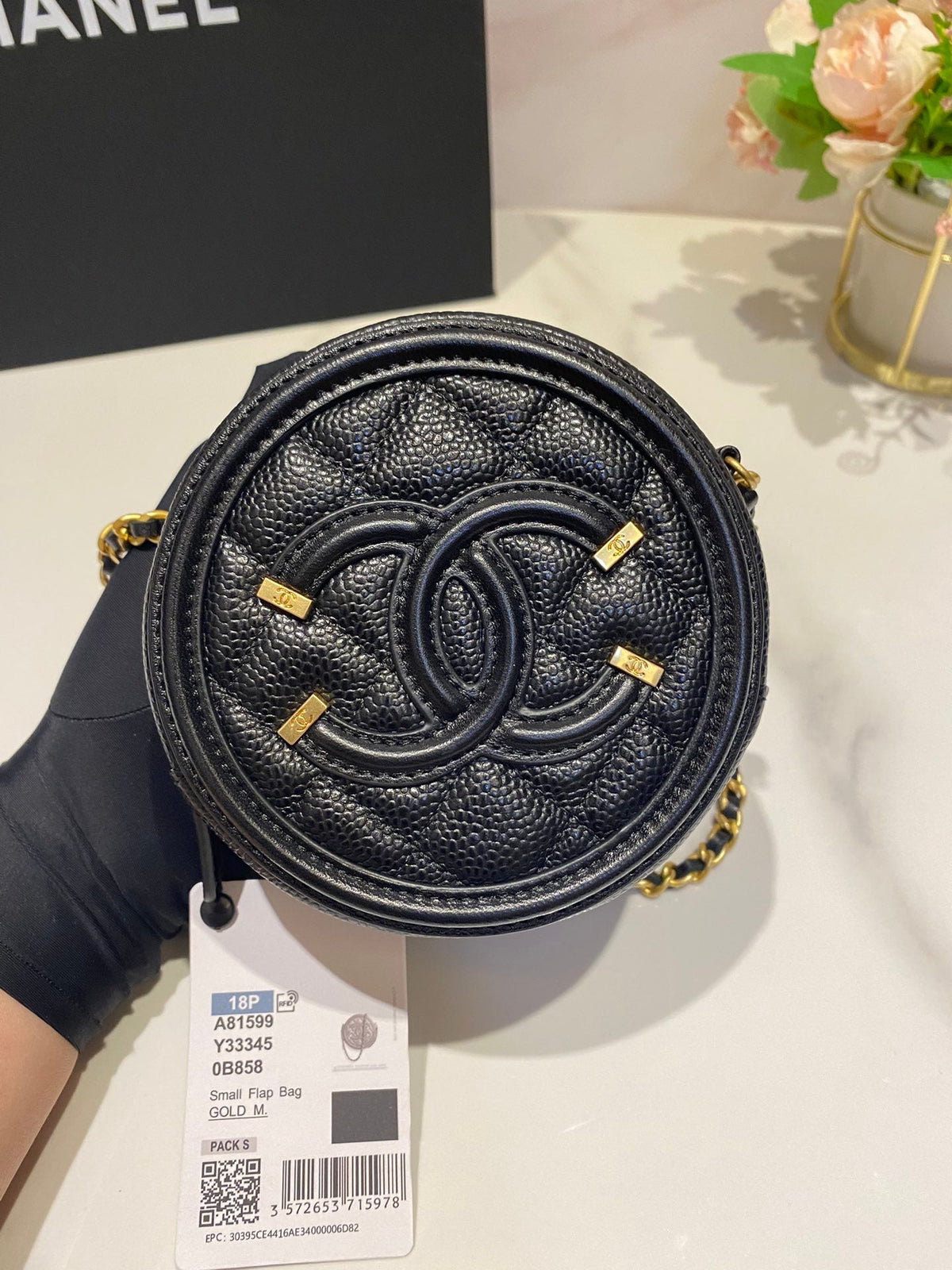 CC MINI 12 ROUND CHAIN BAG IN BLACK CALFSKIN GOLD HARDWARE