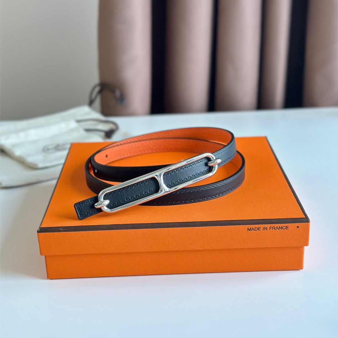 HM ROULIS BUCKLE & REVERSIBLE ORANGE AND BLACK LEATHER STRAP 13MM SILVER HARDWARE mysite