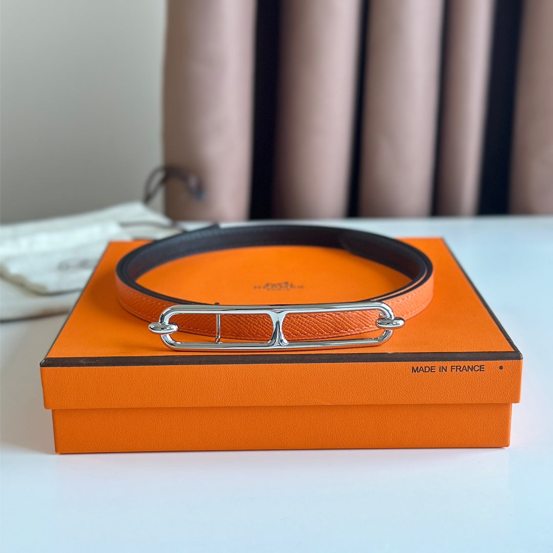 HM ROULIS BUCKLE & REVERSIBLE ORANGE AND BLACK LEATHER STRAP 13MM SILVER HARDWARE mysite