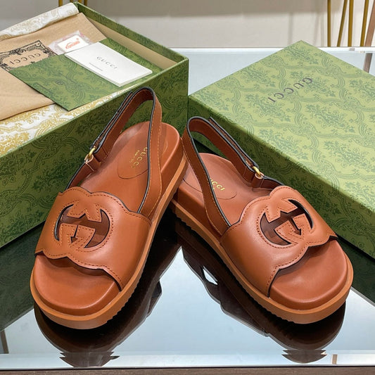 GG INTERLOCKING G CUT OUT SANDAL CARAMEL LAMBSKIN