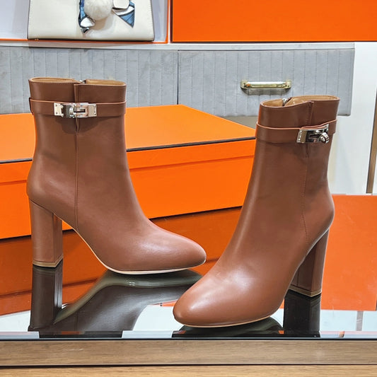HM 25S SAINT GERMAIN ANKLE BOOTS 90 MM IN BROWN LAMBSKIN WITH SILVER HARDWARE