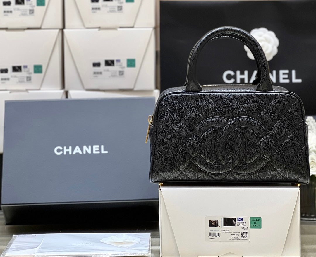 25S CHANEL QUILTED CAVIAR BOWLING BAG 27 IN BLACK CALFSKIN