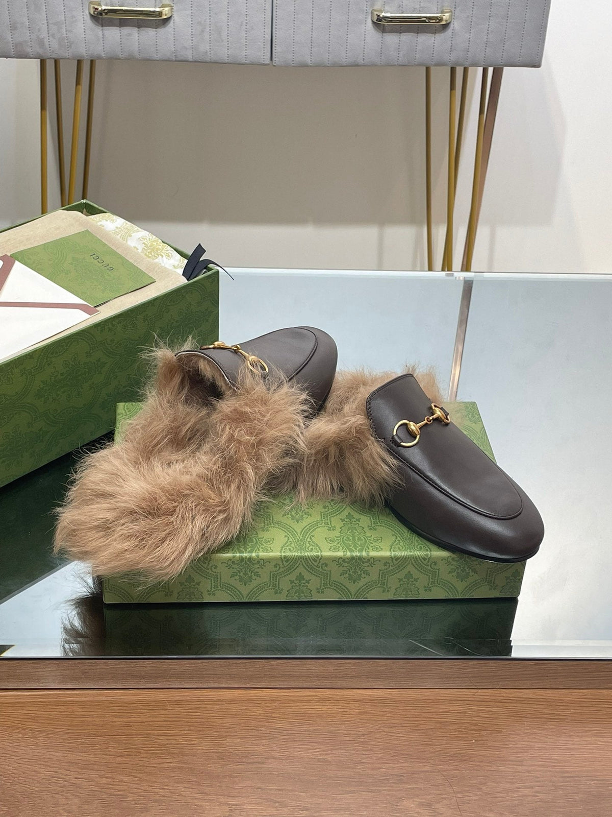 HORSEBIT MULE IN MOCHA BROWN CALFSKIN AND LAMB WOOL LINING
