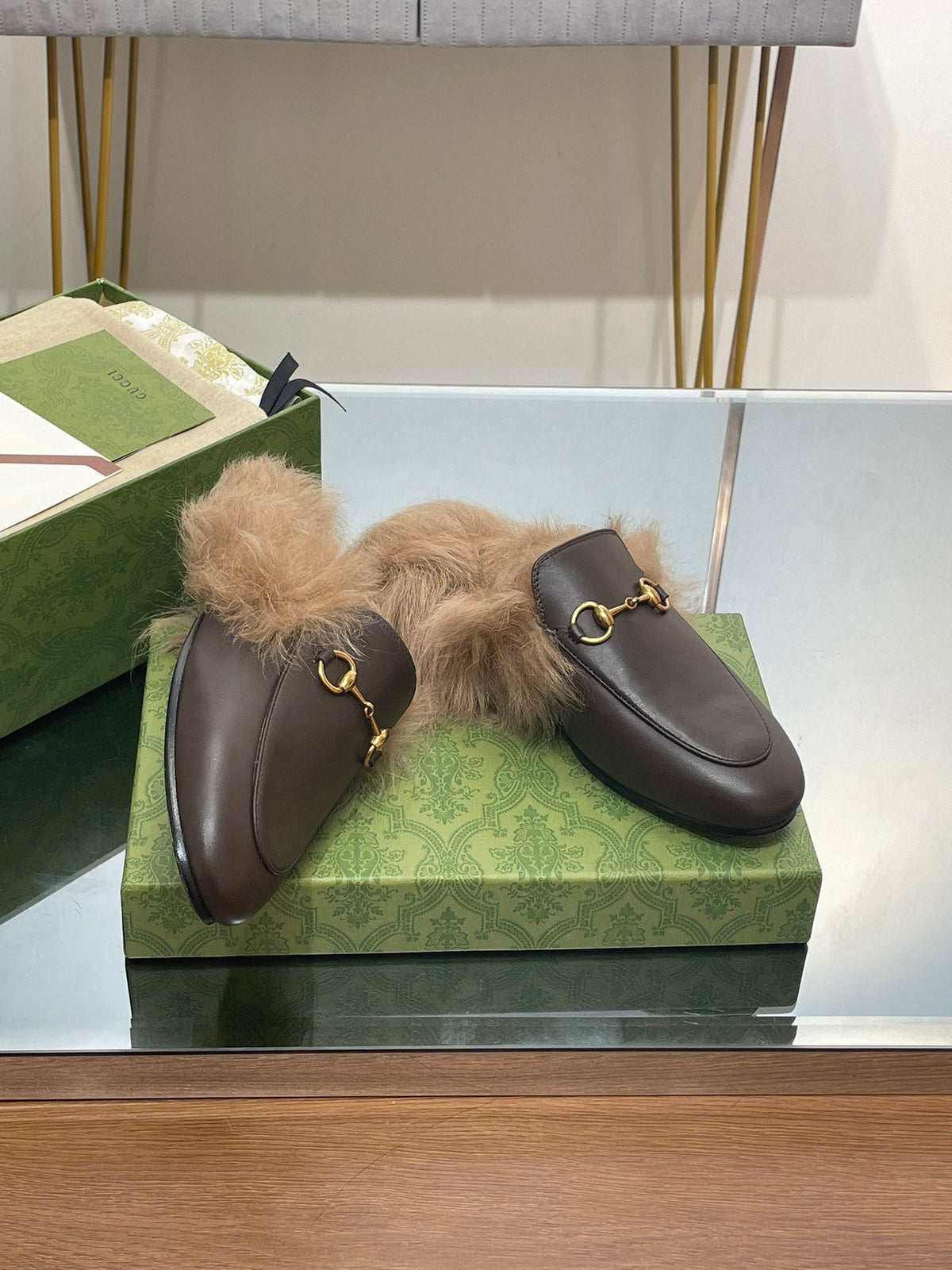 HORSEBIT MULE IN MOCHA BROWN CALFSKIN AND LAMB WOOL LINING