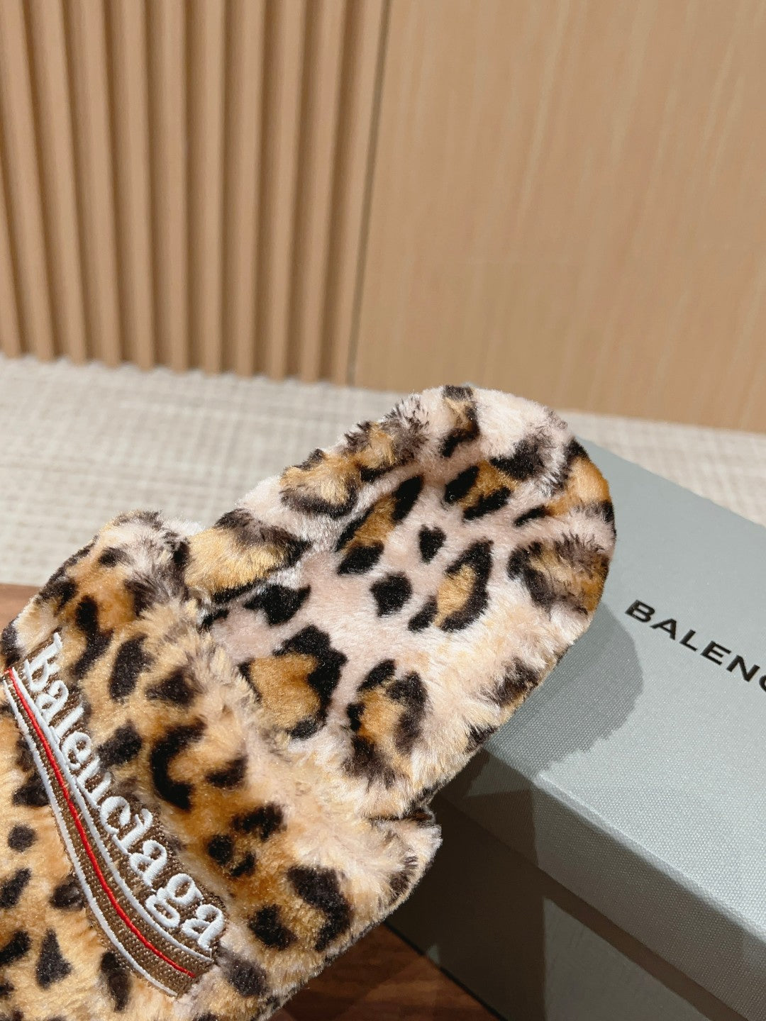 FURRY SLIDES IN LEOPARD PRINT RABBIT FUR