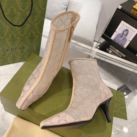 ANKLE BOOTS IN BEIGE MESH AND SHEEPSKIN WITH GG CRYSTALS