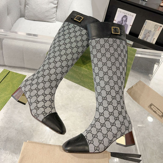 GG KNEE BOOTS IN LIGHT GRAY MONOGRAM CANVAS AND BLACK GLOSSY SHEEPSKIN