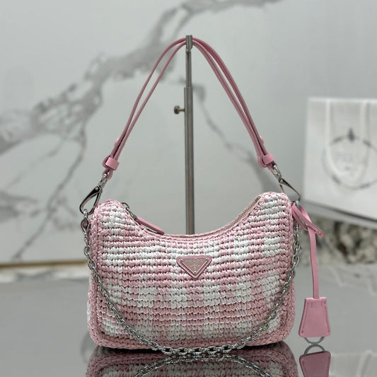 CROCHET HOBO BAG 22 IN PINK MIX WHITE RAFFIA SILVER HARDWARE