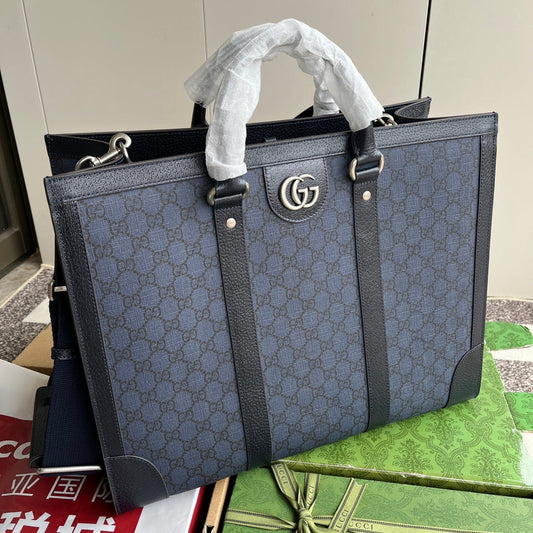 OPHIDIA LARGE TOTE BAG 43 IN DARK BLUE AND BLACK GG CALFSKIN