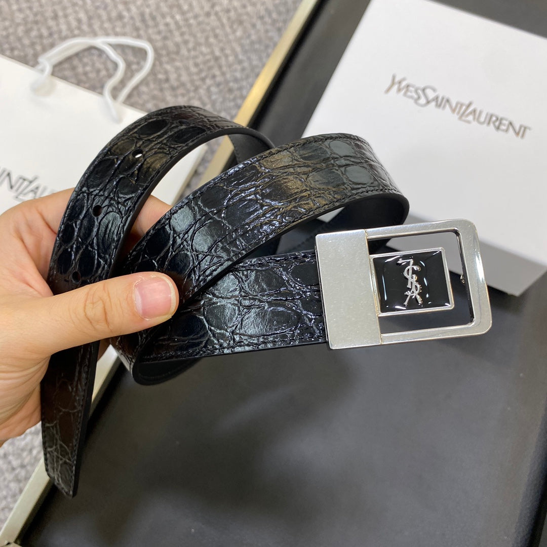 YSL 25S BELT 30 MM IN BLACK EMBOSSED CALFSKIN 464868 mysite