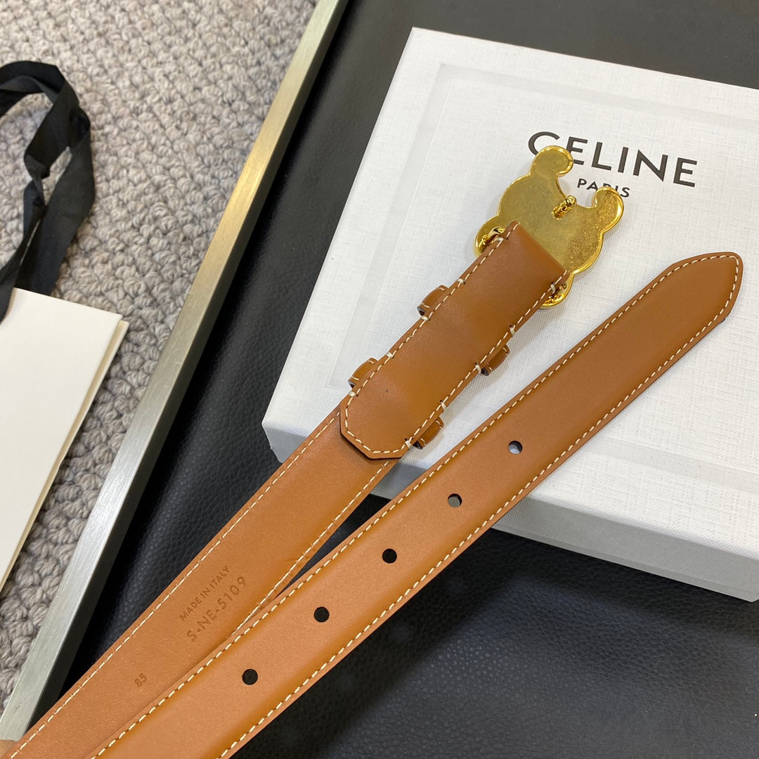 TRIOMPHE BELT 25MM IN BROWN CALFSKIN WITH LEATHER-COVERED BUCKLE AND WHITE STITCHING