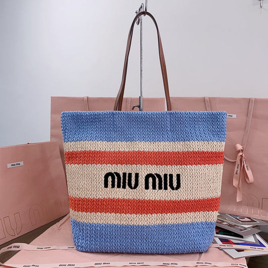 TOTE BAG 40 IN STRIPED PATTERN OF LIGHT BLUE ORANGE AND CREAM WHITE WOVEN RAFFIA