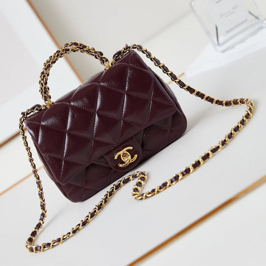 FLAP BAG WITH TOP HANDLE 18 IN WINE RED OIL-WAX LAMBSKIN GOLD HARDWARE
