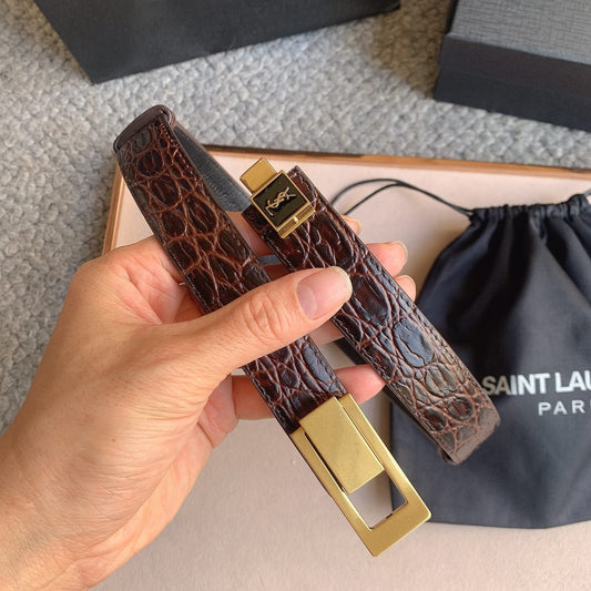 YSL 25S BELT 24 MM IN DARK BROWN EMBOSSED CALFSKIN 529686 mysite