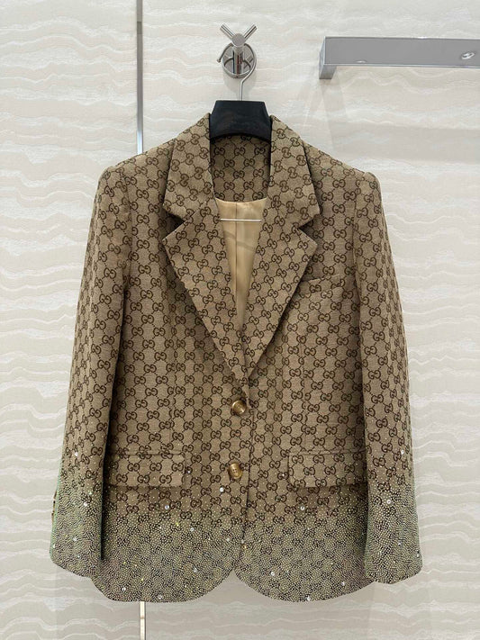 Gucci GG Letter Jacquard Woven Jacket Light Brown Polyester Fiber