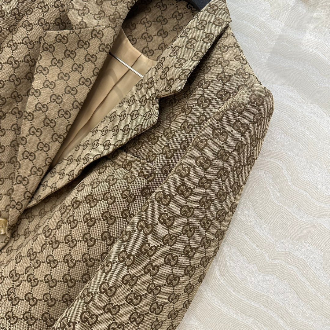 Gucci GG Letter Jacquard Woven Jacket Light Brown Polyester Fiber