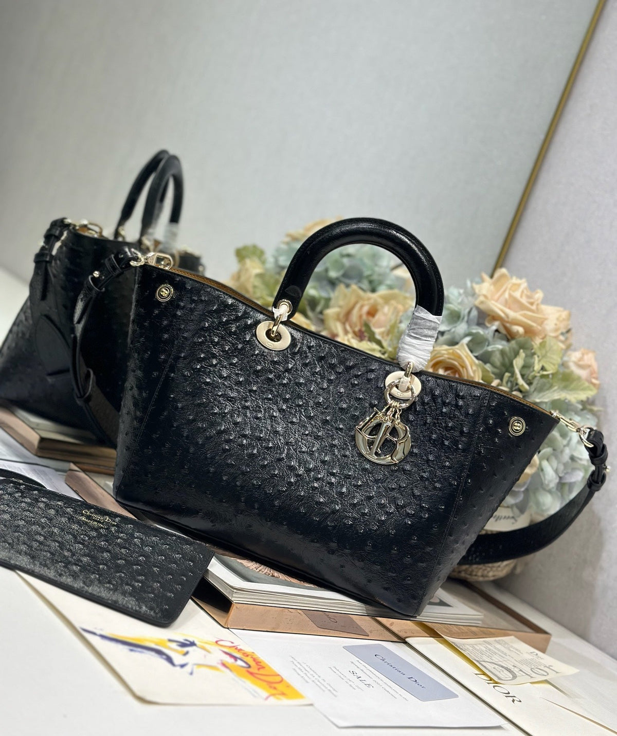 DIOR 26S TOUJOURS BAG 28 IN BLACK OSTRICH