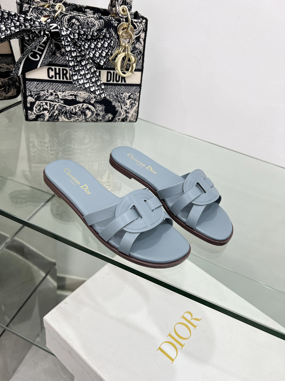 DIOR 26S D-CLUB SLIDE SANDAL IN LIGHT BLUE CALFSKIN