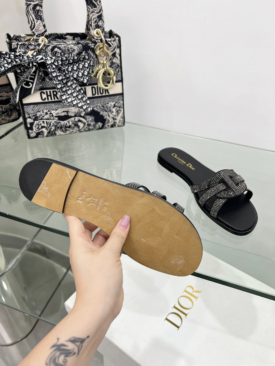 DIOR 26S D-CLUB SLIDE SANDAL IN BLACK CRYSTAL-EMBELLISHED CALFSKIN