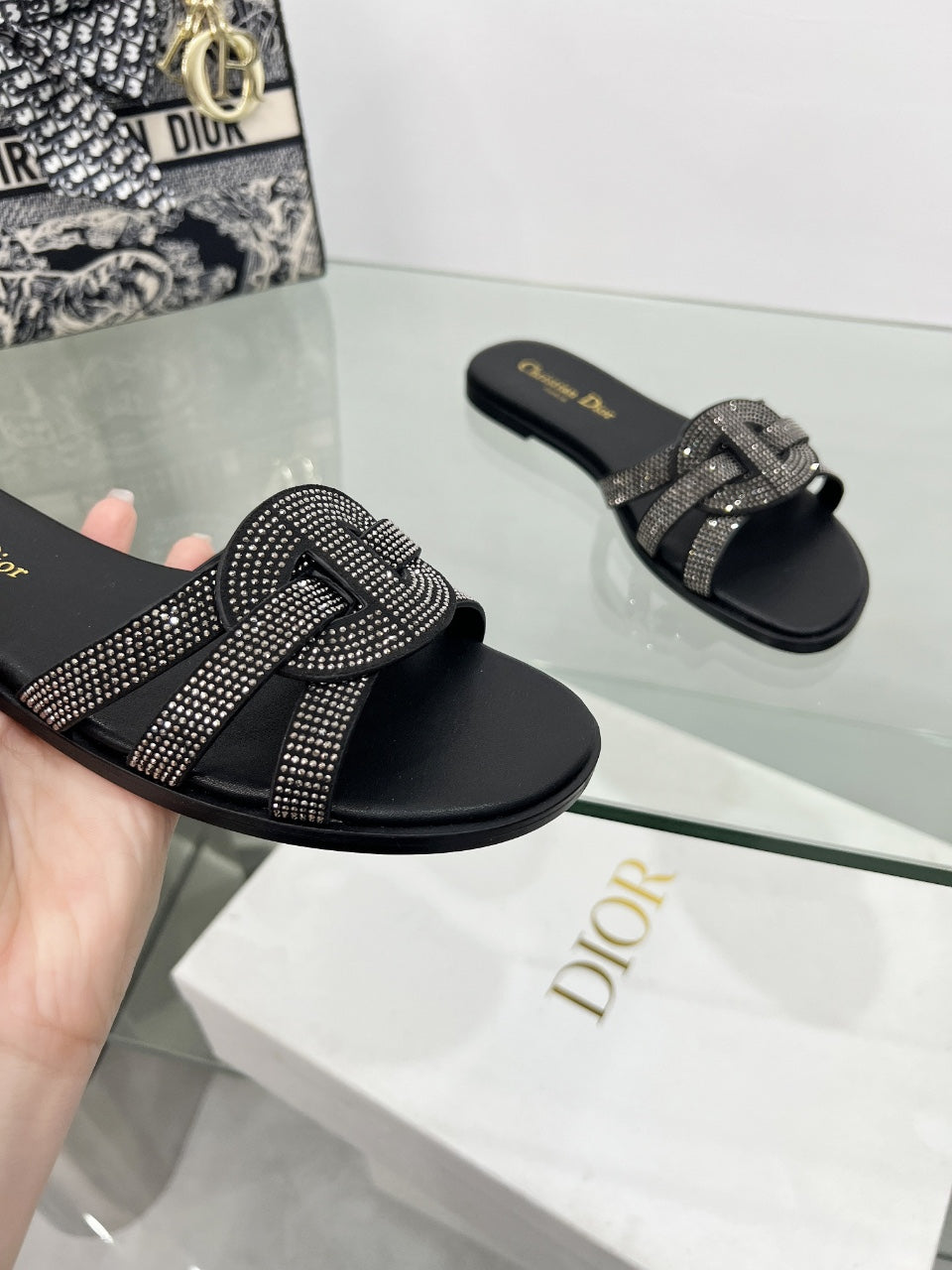 DIOR 26S D-CLUB SLIDE SANDAL IN BLACK CRYSTAL-EMBELLISHED CALFSKIN