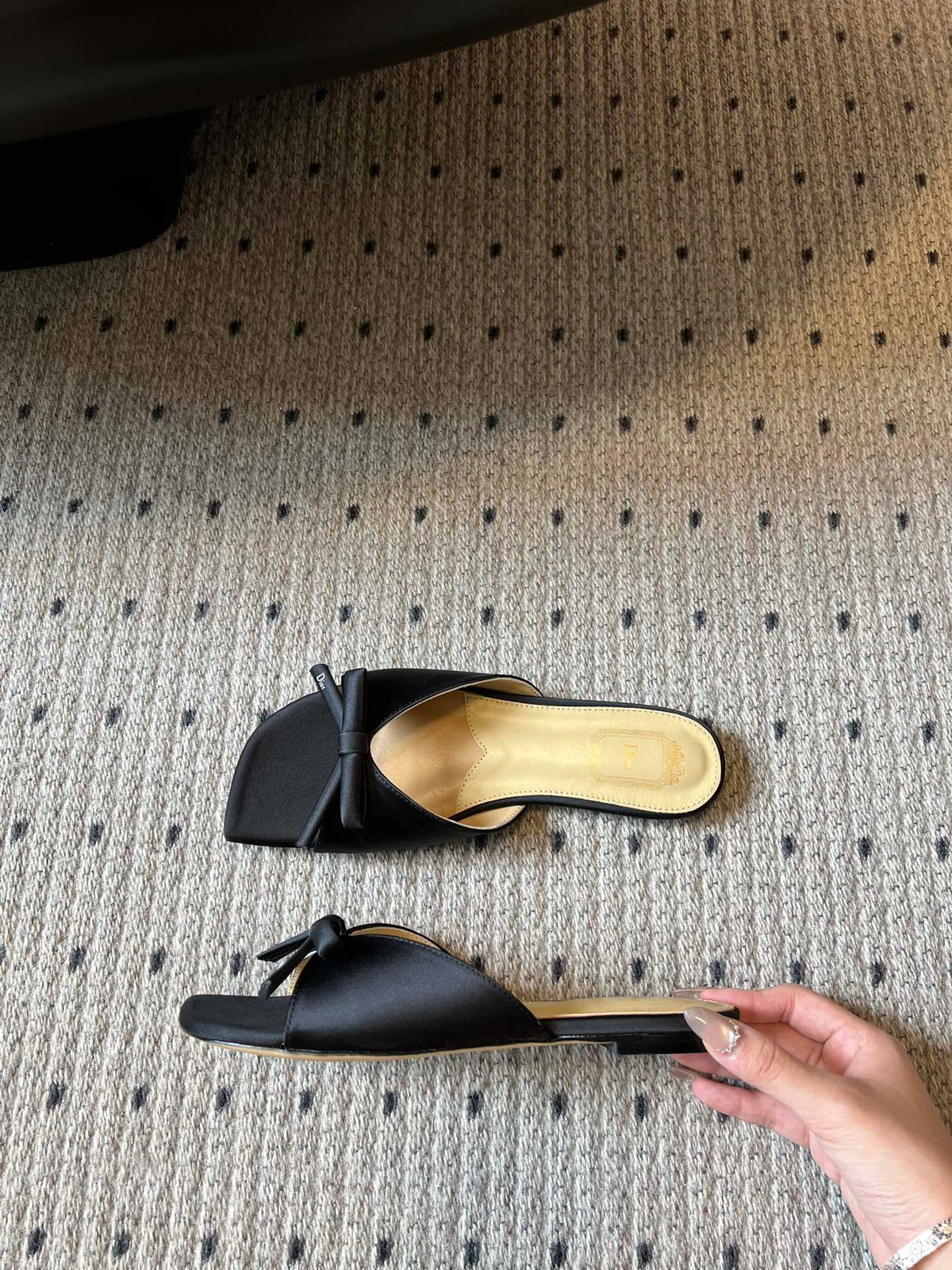 DIOR 26S OBLIQUE BOW MULE IN BLACK SATIN