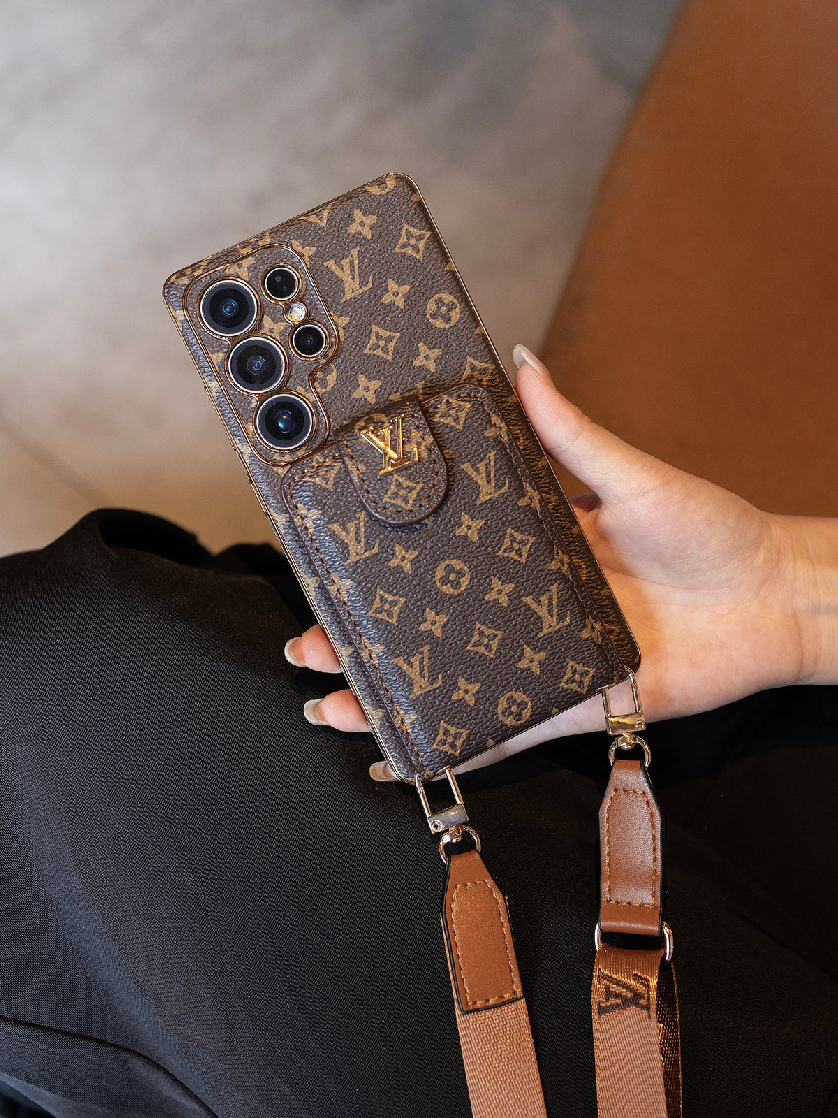Luxury Monogram Leather Multi-Function Phone Case with Wrist Strap mysite