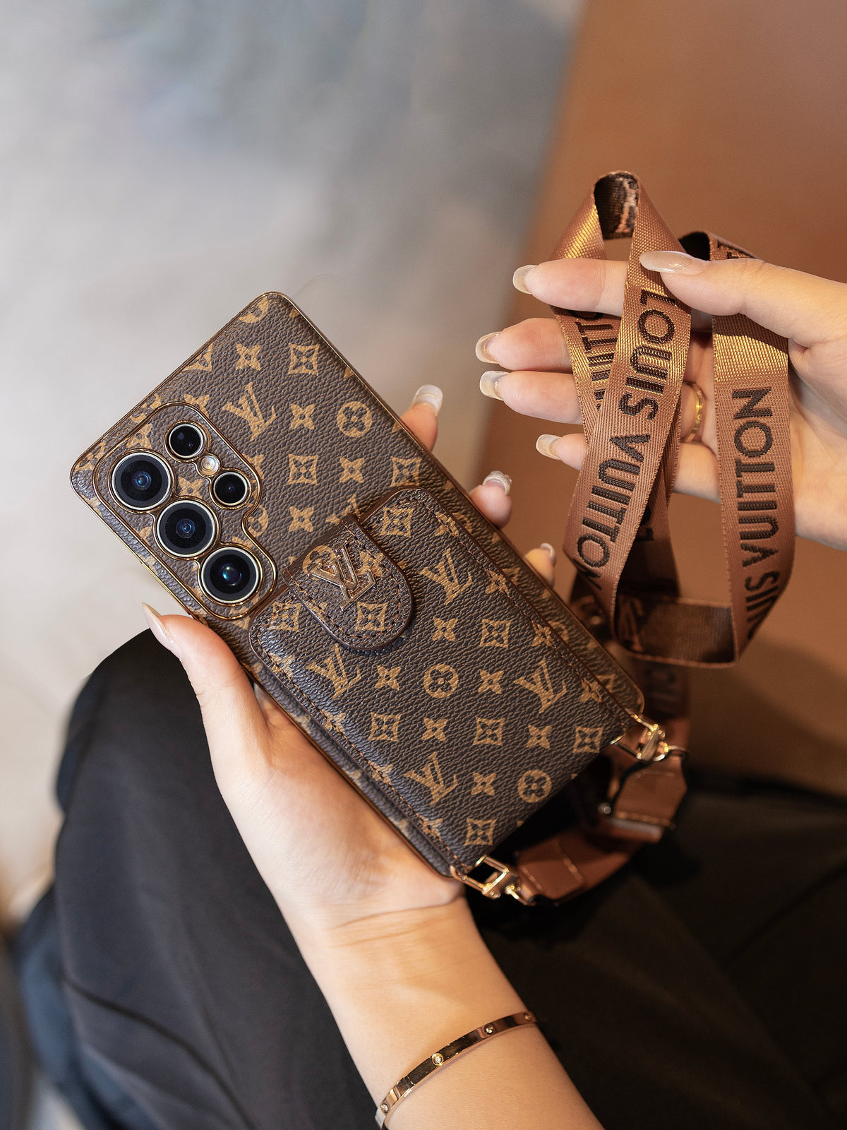 Luxury Monogram Leather Multi-Function Phone Case with Wrist Strap mysite